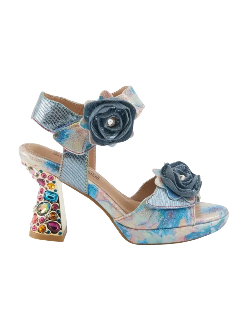 L'ARTISTE Smashing Blue Floral Sandal Multicolor Jeweled Block Heel - Picture 6 of 13